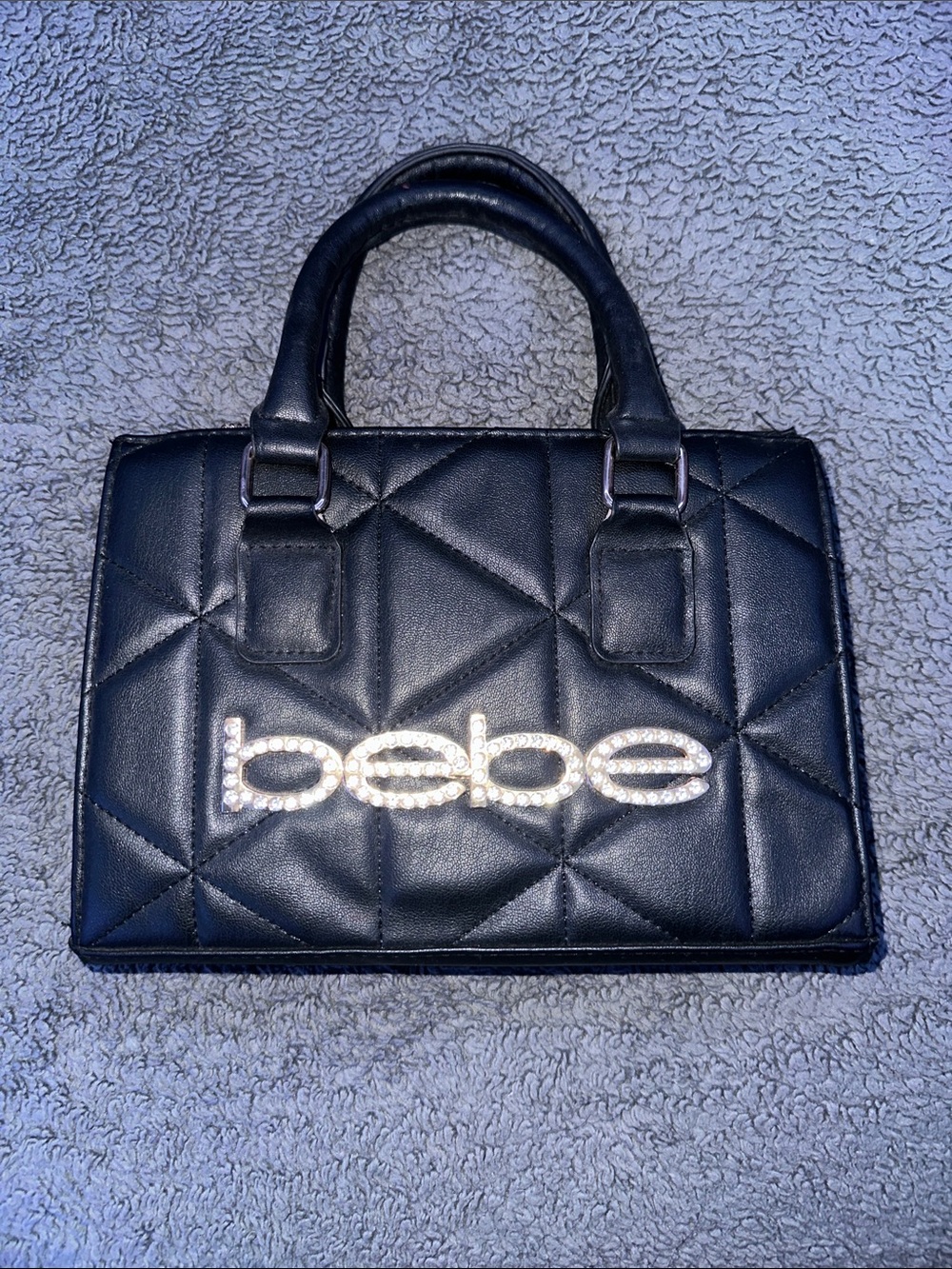 bebe Quilted Black Top-Handle Satchel with Crystal Logo Accent